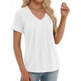thumbnail image 2 of MOYIKO Women V Neck T-shirt for Women Pleats Short Sleeve Tunic Top White Casual Plain Summer Blouse Tee S, 2 of 7