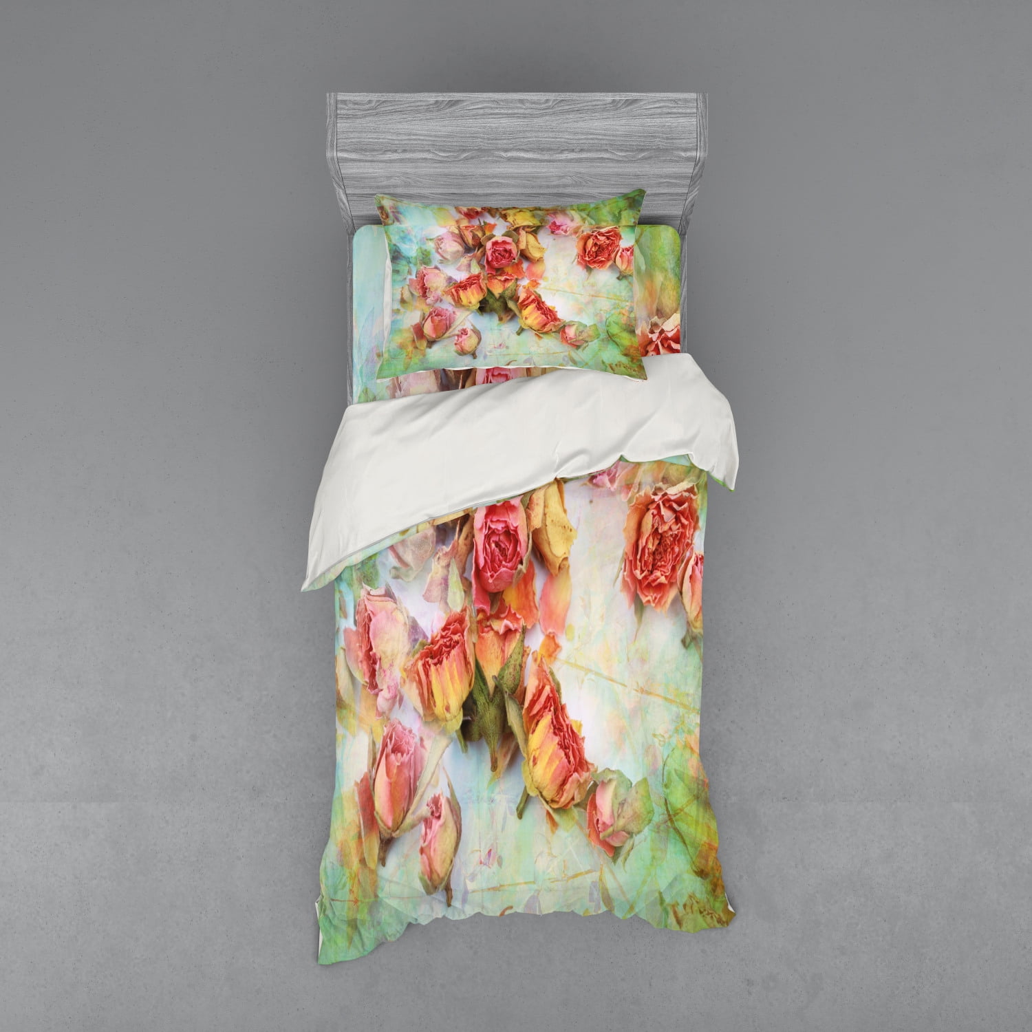 Rose Duvet Cover Set, Dried Roses Petals Leaves Nostalgic Fragile