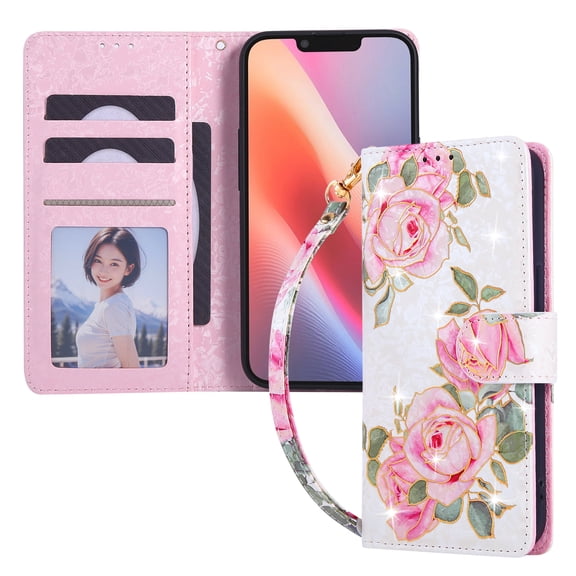 Dteck for iPhone 16e / iPhone 17e Case Flip Wallet with RFID Blocking Card Holder Kickstand, Fashion Flower Pattern Magnetic Leather Phone Cover,Rose