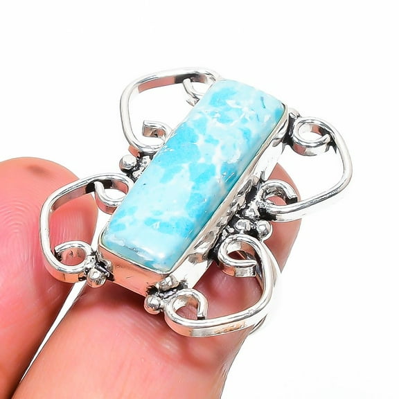 Caribbean Larimar Gemstone Ring Handmade Unique Design Gift Jewelry 6" FR 1159
