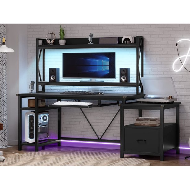 Computer Desk Office Desk with LED Lights,Home Office Desk with File