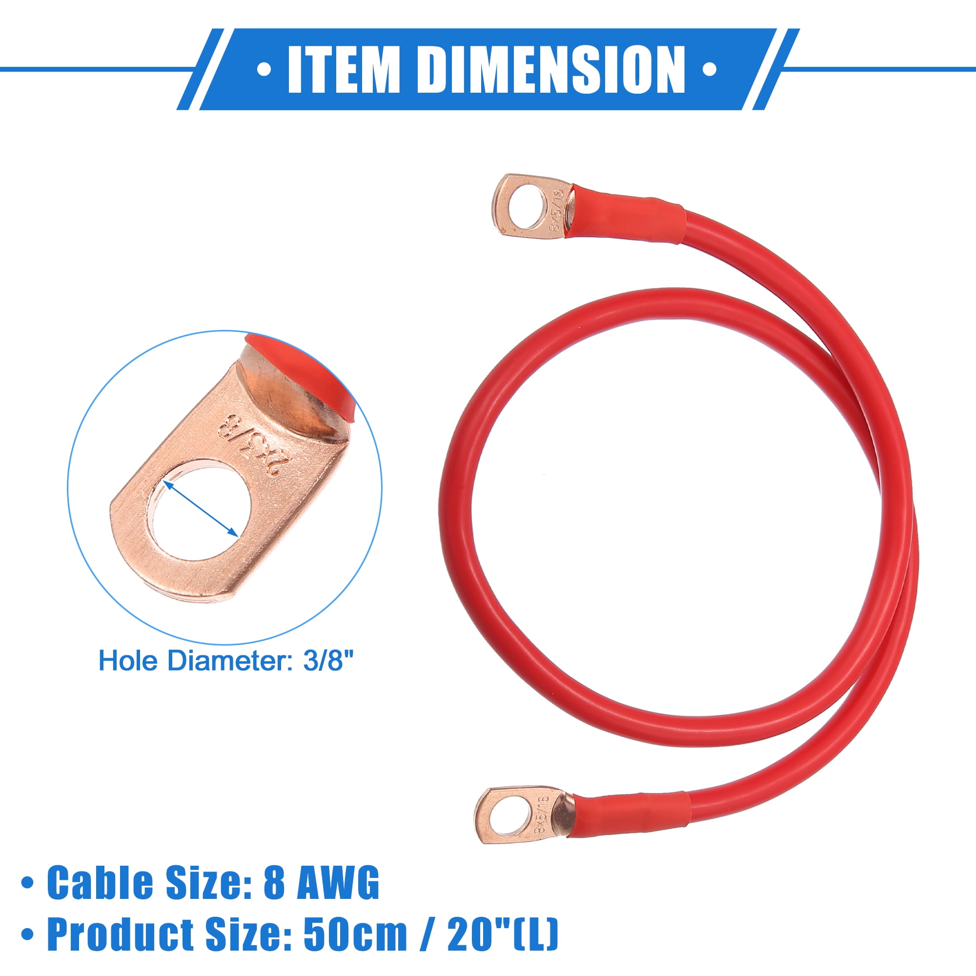 Unique Bargains 1 Pair 8 AWG Gauge 24" Battery Inverter Cables with 3/8" Ring for Car Vehicle RV Black Red 20Inch