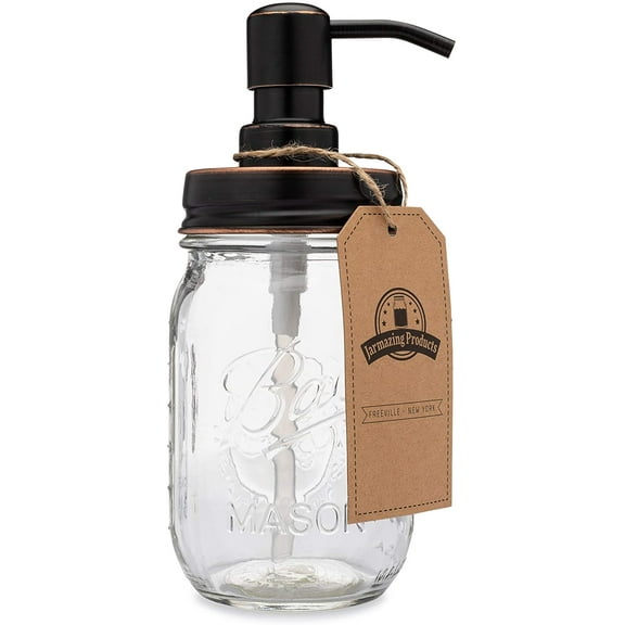 Jarmazing Products Classic Farmhouse Mason Jar Soap Dispenser - Oil-Rubbed Bronze - with 16 Ounce Ball Mason Jar