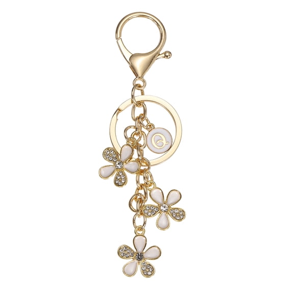 Uxcell Initial Letter Flower Keychain, Cute Alphabet Q Cherry Blossom Rhinestone Keyring for Women Girls Purse Backpack Handbag Charm Bling Sparkly Keychain, White