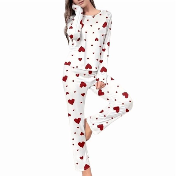 Women'S Casual Heart Print Sleepwear Set Round Neck Pajamas Loungewear Comfy Two Piece Set L