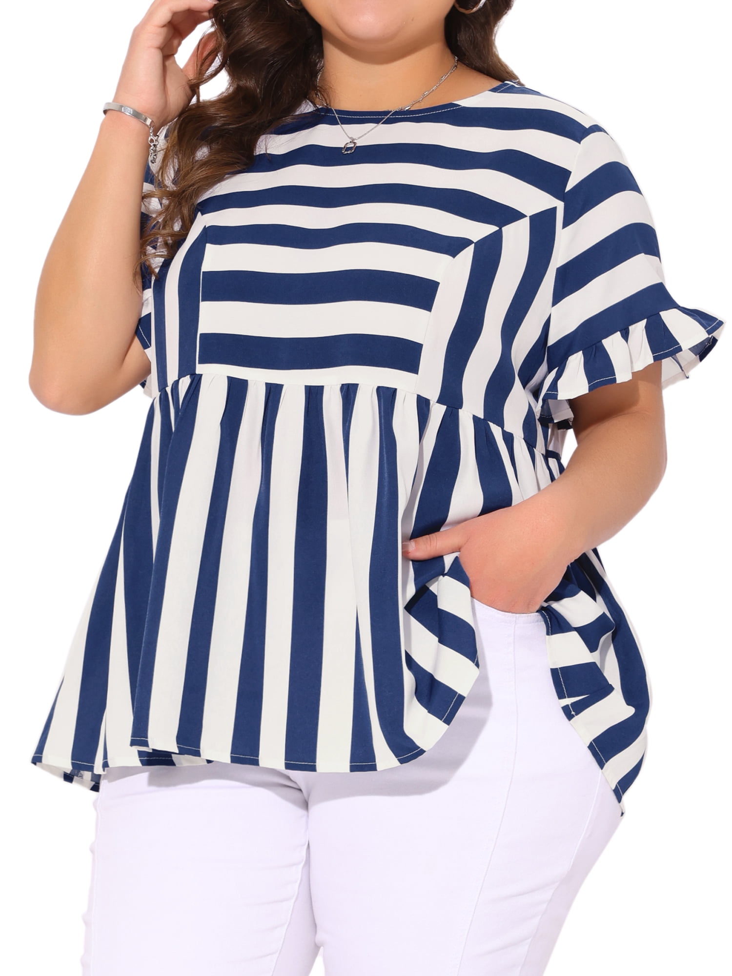DARING DIVA Women's Plus Babydoll Ruffle Peplum Top 2X Blue White