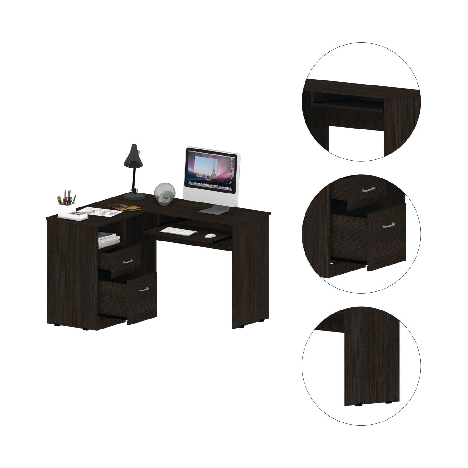 Asteroutdoor L-Shaped Desk with Keyboard Tray, Two Drawers, and Open Shelf, Black