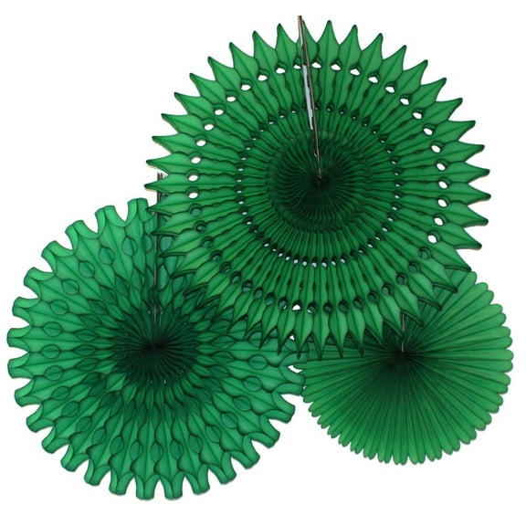 Hanging Dark Green Tissue Fan Decorations, Set of 3 (21 inch, 18 inch, 13 inch) by Devra Party