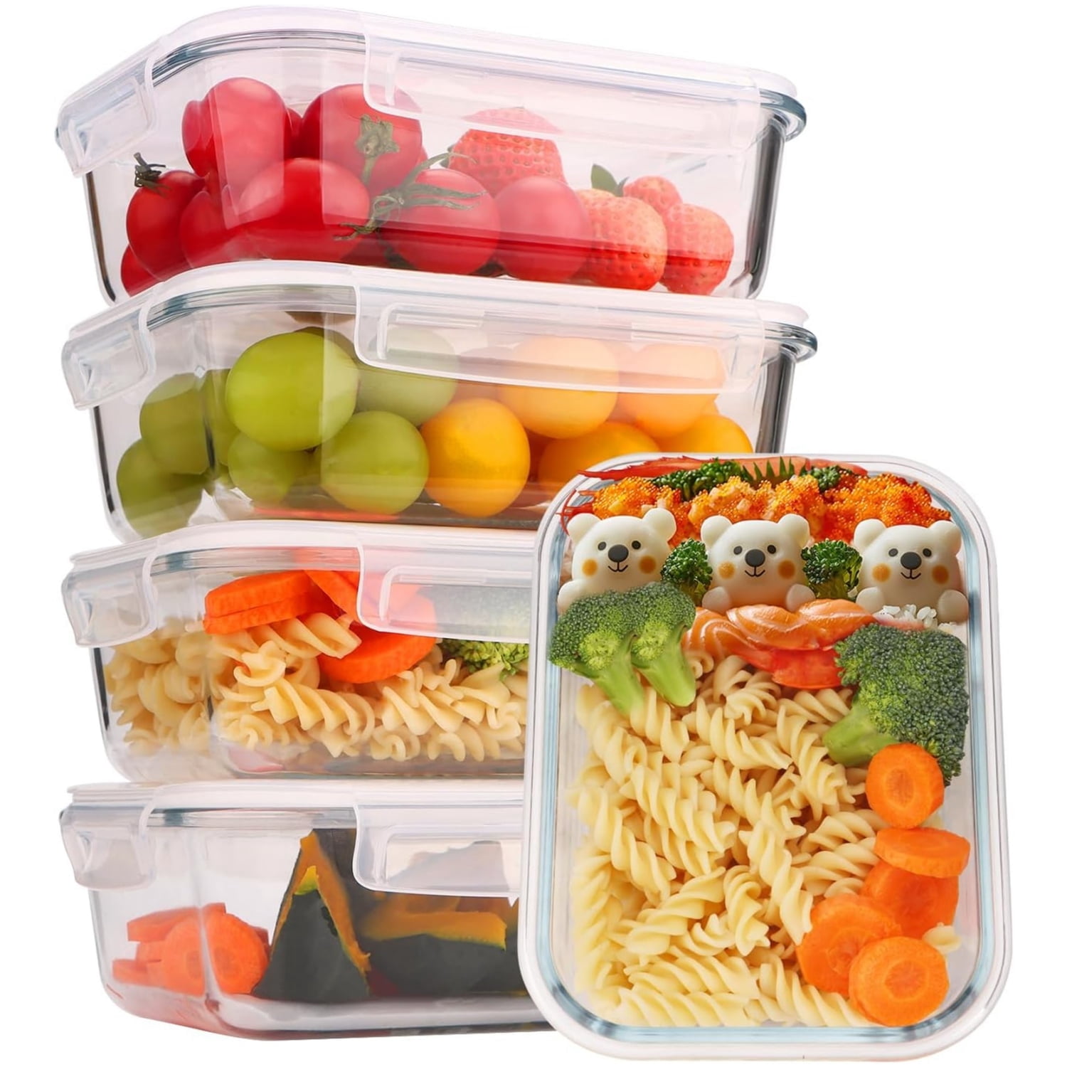 5-Piece Glass Food Storage Set With Lids - 4.5 Cup Containers, Airtight, Microwave/Dishwasher/Freezer Safe