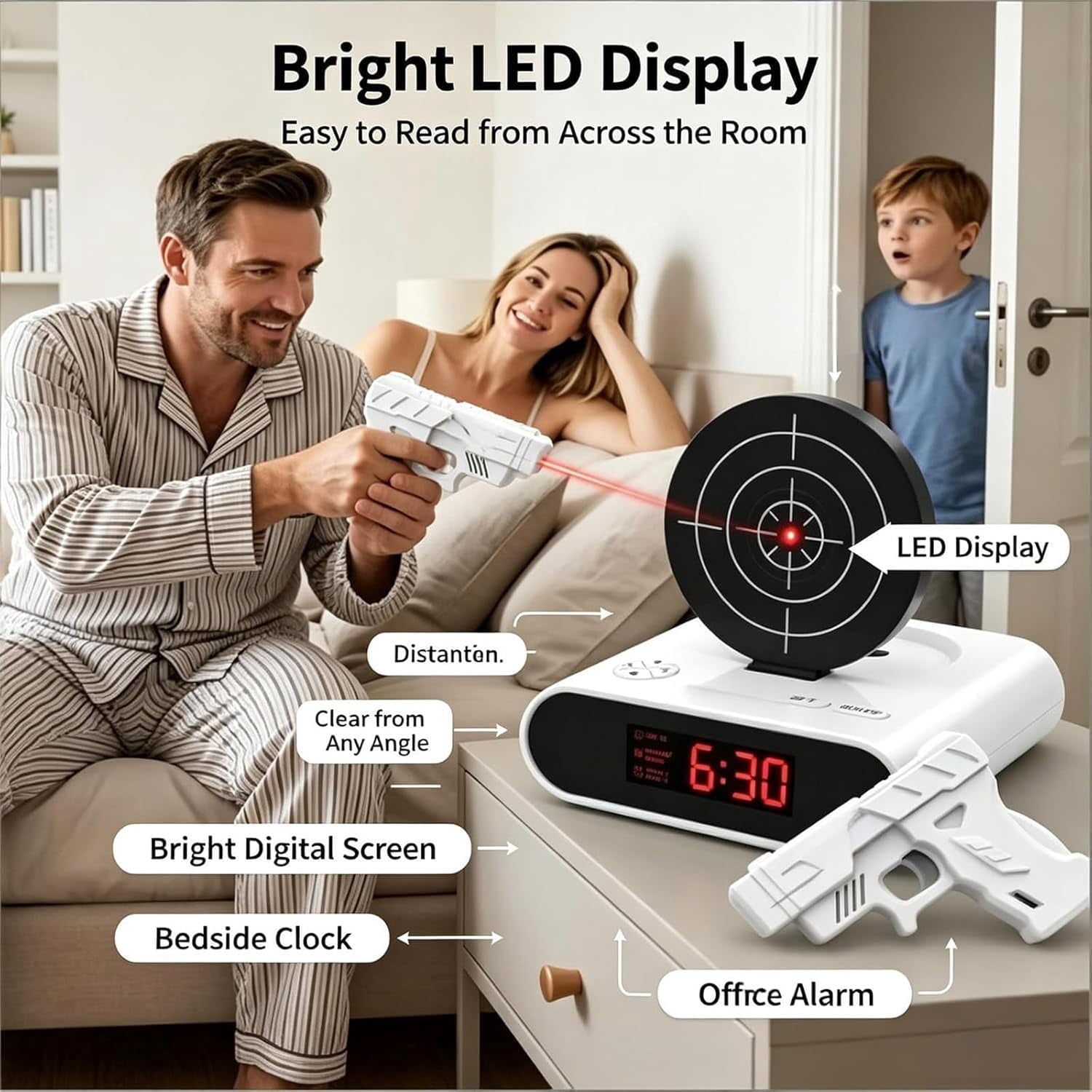 Alarm Clock with Gun, Interactive Shooting Game, Large LED Display, Custom Ringtones & 2 Alarm Modes, Fun Shot Timer Clock for Heavy Sleepers, Bedroom Home Office (#B)
