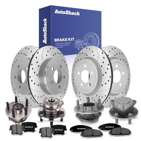 AutoShack Front Vented & Rear Vented Drilled Slotted Coated Brake Rotor Silver Matte Finish   Premium Ceramic Pad   Hub Bearing Assembly 16-PC Kit Replacement for 2012-2014 Chrysler 300 TurboGuard