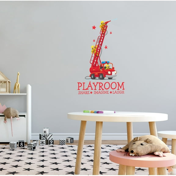 KIDS PLAYROOM - Home Art Kids Toys Decoration Fire Fighters Fire Engine Truck Design Playroom Share Imagine Laugh Lettering Art Vinyl Kids Bedroom Nursery Wall Decal 12" x 20"