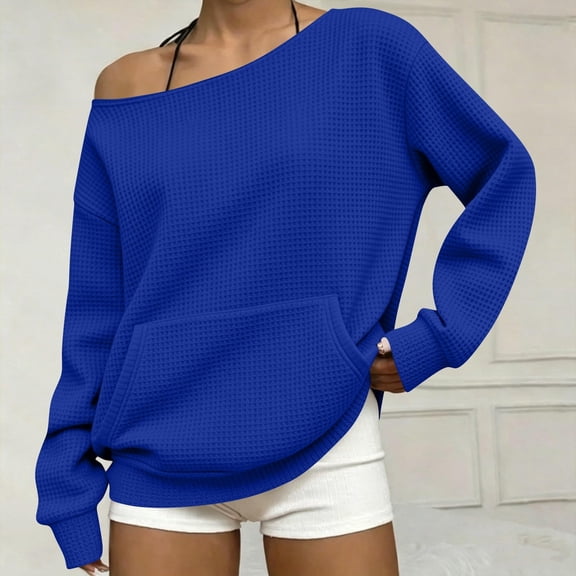 Xdegoge Women's Off Shoulder Waffle Knit Sweaters Long Sleeve Slouchy Pullover Tops Casual Fall Oversized Shirts with Pockets