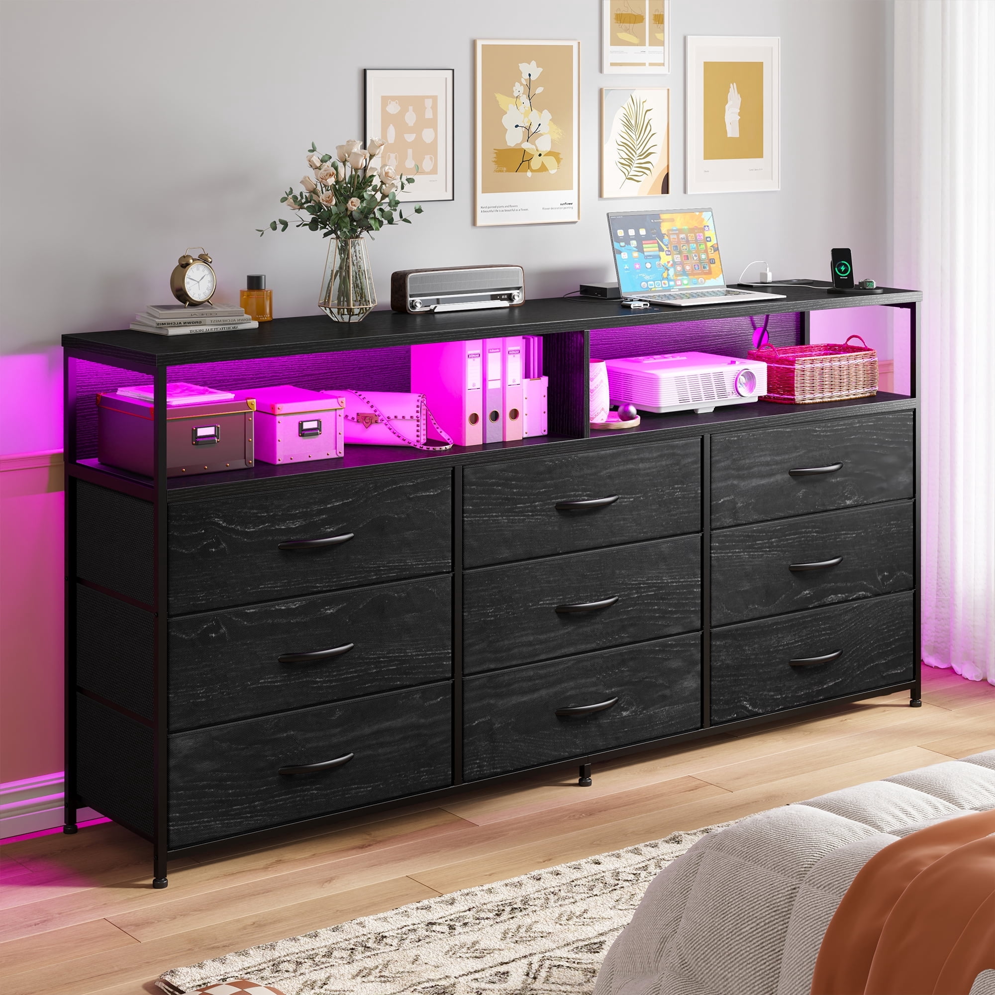 EnHomee Black Dressers TV Stand for 65"TV LED Dresser for Bedroom with 9 Fabric Drawers & Power Outlet, 55.12"Lx11.81"Wx35.43"H