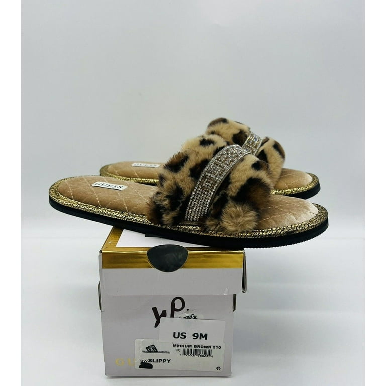 Guess Women s Slippy Faux Fur Rhinestones Slippers Medium Brown