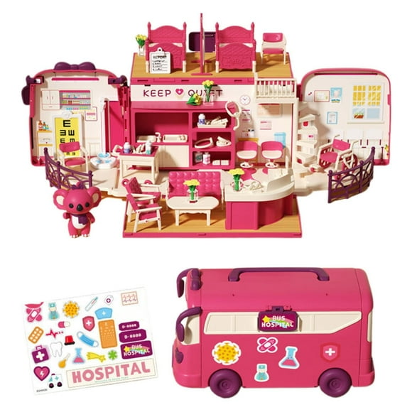 kjfeif 2025 Unique Design Dollhouse Playset , DIY Pretend Portable Bus Toy Kit with Little Critters Bunny Dolls Mini Cottage House Set Camping Family Toys for Toddler 3 4 5 6 Year Old