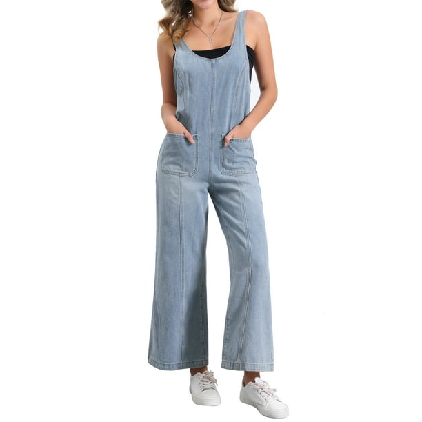 INSPIRAR CHIC Mono de mezclilla casual para mujer con tirantes ajustables, pantalones de pierna ancha, overoles S azul claro