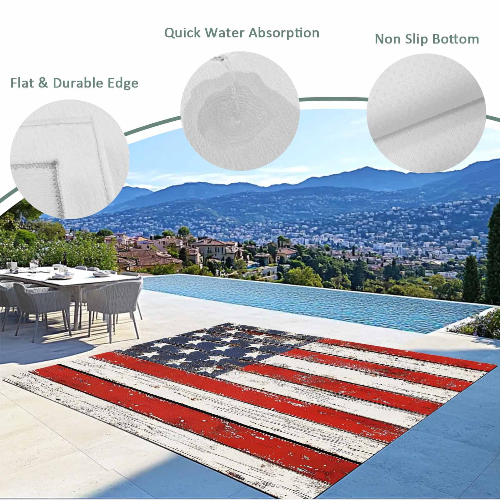 Outdoor Rug 5x7 ft 4th of July Waterproof Outdoor Patio Rug Mat Non Slip Outside Area Rugs Carpet for RV,Camping,Porch,Deck,Pool,Balconybackyard,Patriotic Wood American Flag Red White and Blue