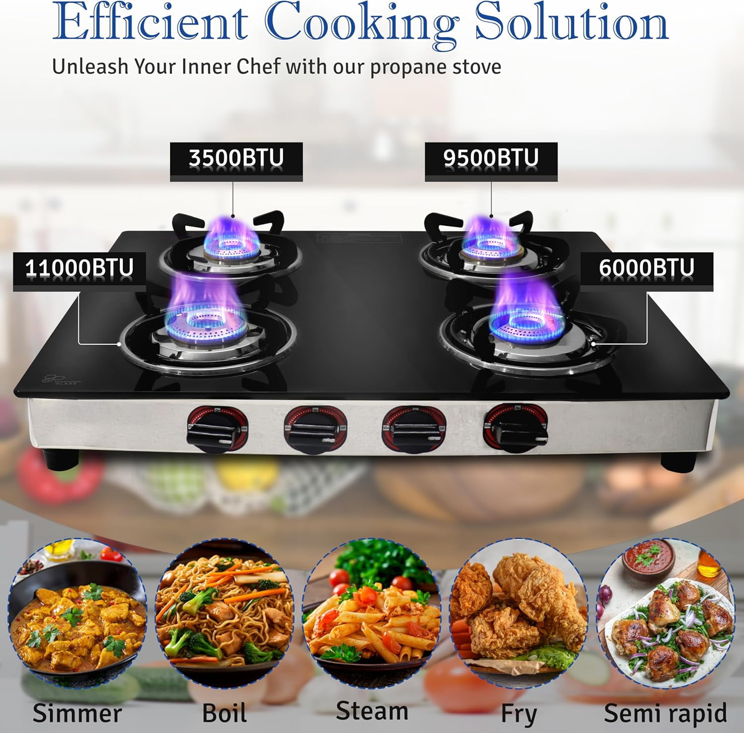 SONRET - 4 Burner Gas Stove , Portable Propane Gas Stove - Propane Cooktop Tempered Glass RV Stove For Cooking -With Hose & Regulator