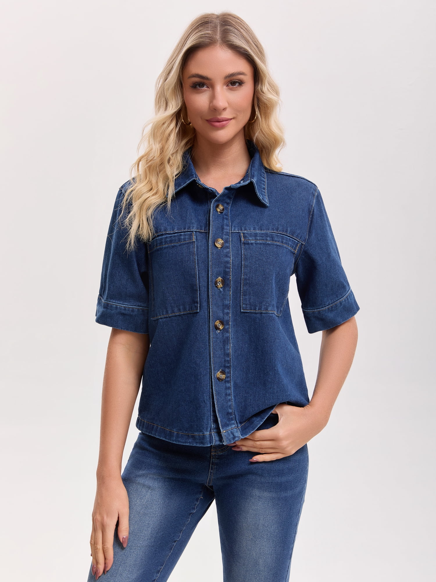 DARING DIVA Women's Short Sleeve Button Down Boxy Shirt Tops Jean Jacket M Dark Blue