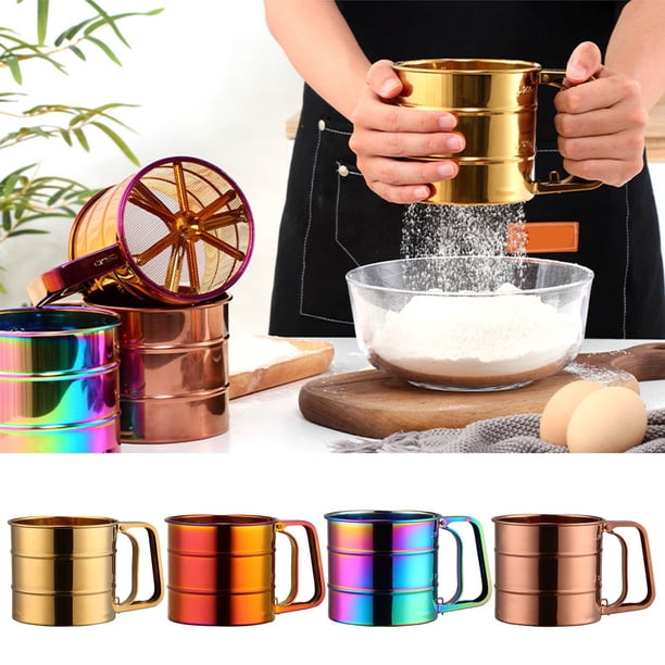 Tamizador de harina de acero inoxidable - Colador mecánico con capacidad de 4 tazas y acabado oro rosado para repostería y azucarero