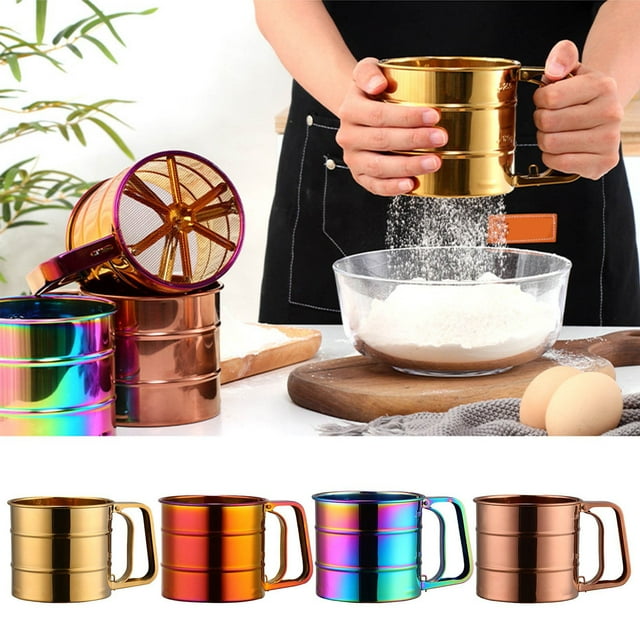 Tamizador de harina de acero inoxidable - Colador mecánico con capacidad de 4 tazas y acabado oro rosado para repostería y azucarero