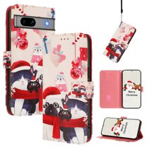 Phone Case for Google Pixel 7a, Luxury Christmas Pattern Card Slots Cash Pocket Magnetic Clasp Full Body Protection Shockproof Kickstand Wallet Flip Case with Wrist Strap, E