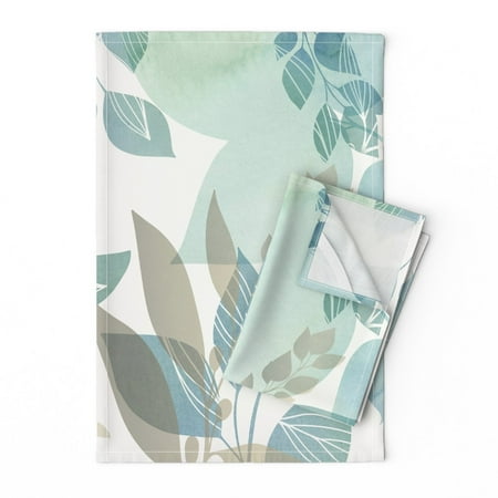 

Printed Tea Towel Linen Cotton Canvas - Claudia Botanical Watercolor Scandinavian Floral Spring Minimalist Leaves Teal Midcentury Modern Print Decorative Kitchen Towel by Spoonflower