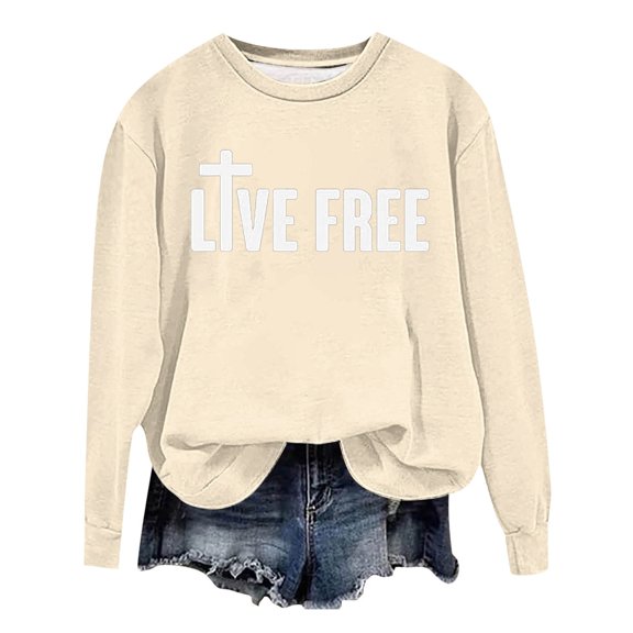 Live Free Sweatshirts for Women Freedom Letter Print Classic Fit Pullover Long Sleeve Crew Neck Lightweight Tops