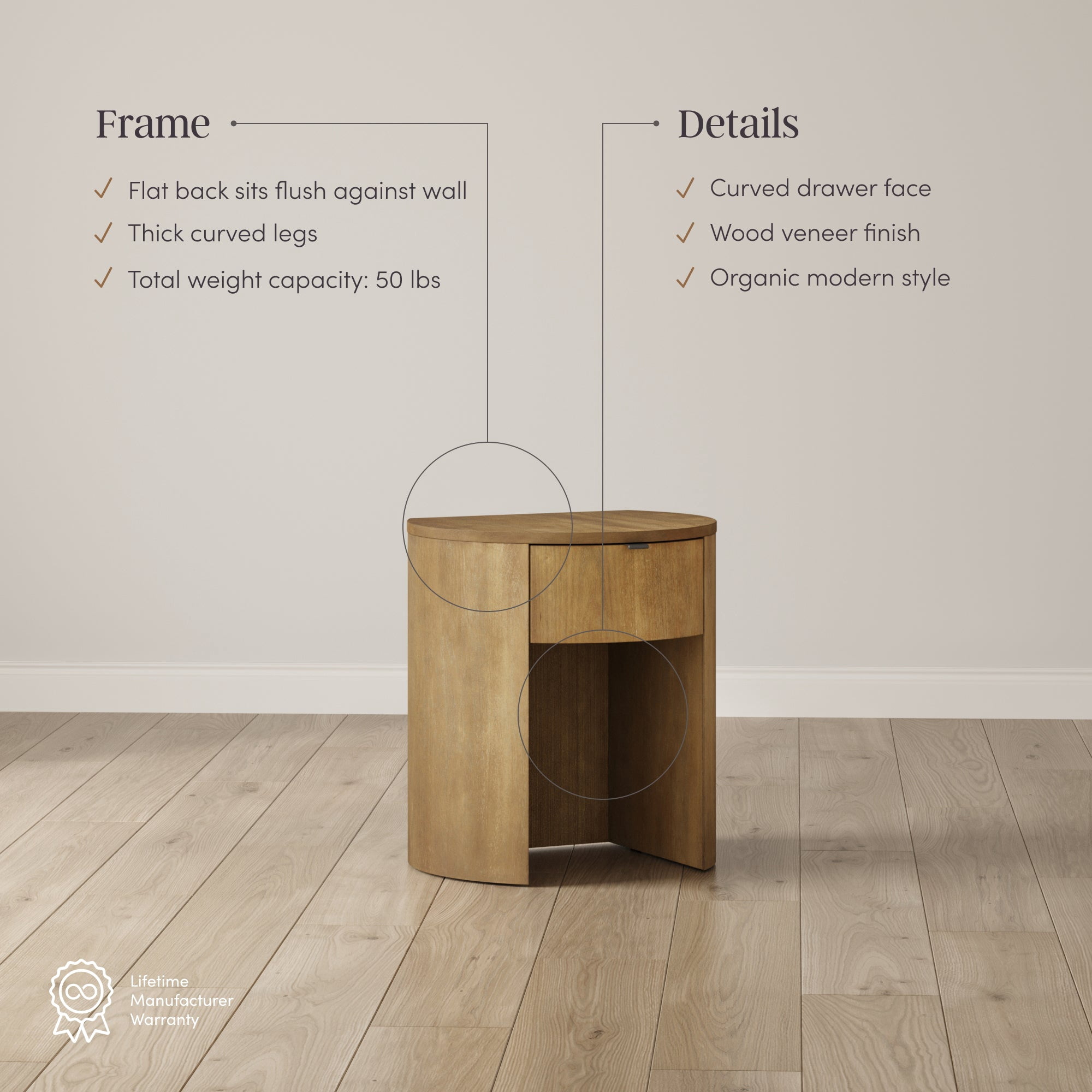 Nathan James Shay Solid Wood Nightstand, Modern Bedside Table with Drawer, Contemporary Rounded Nightstand Table for Bedroom, Light Brown