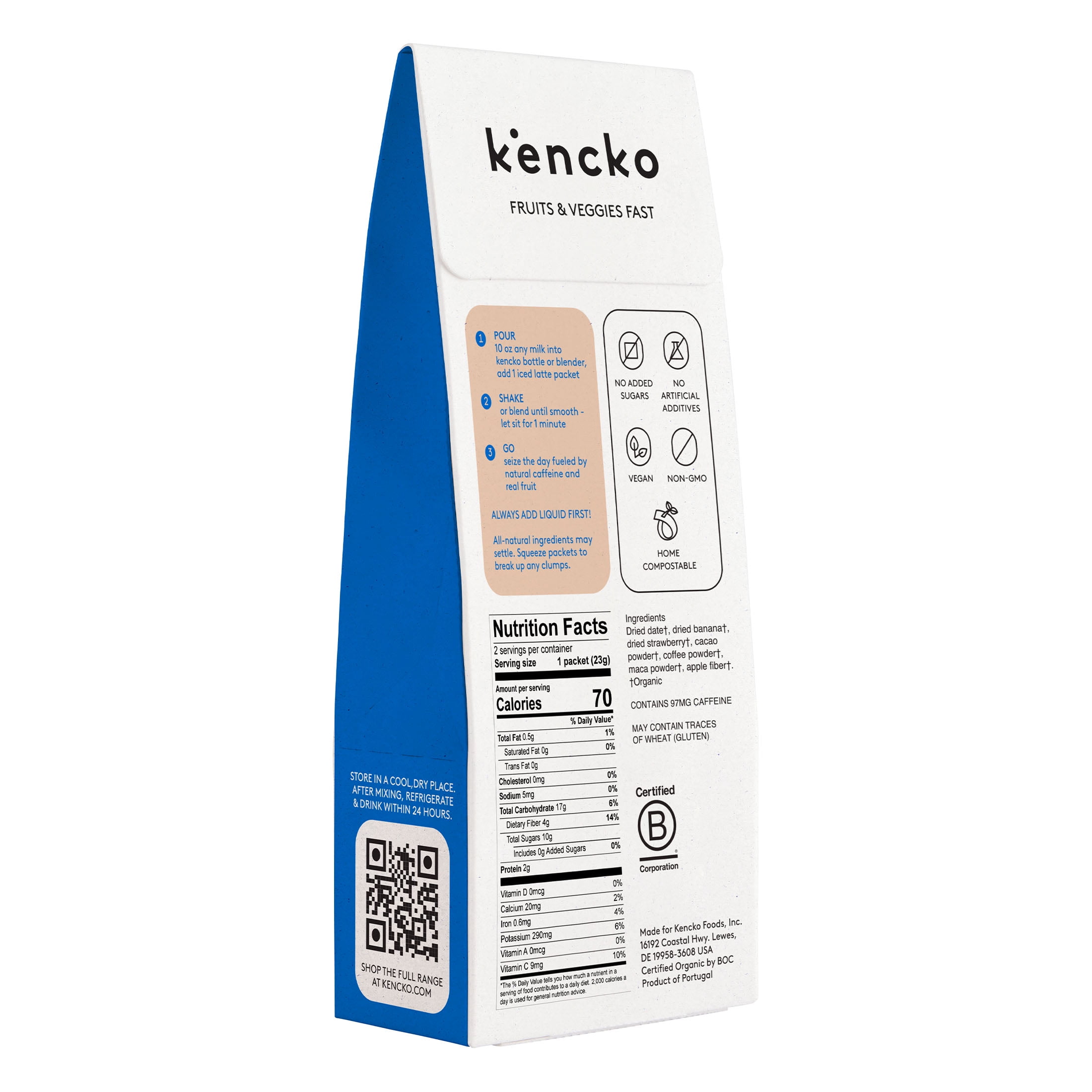 Kencko Mocha Organic Instant Iced Latte Two Pack, Powdered Drink Mix, .79 oz