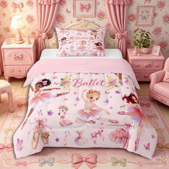 Castle Fairy Ballet Dance Girl Twin Comforter Sets 2pcs,Floral Butterfly Flamingo Bedding Set,Pink White,Grey Reversible,1 Comforter and 1 Pillowcase