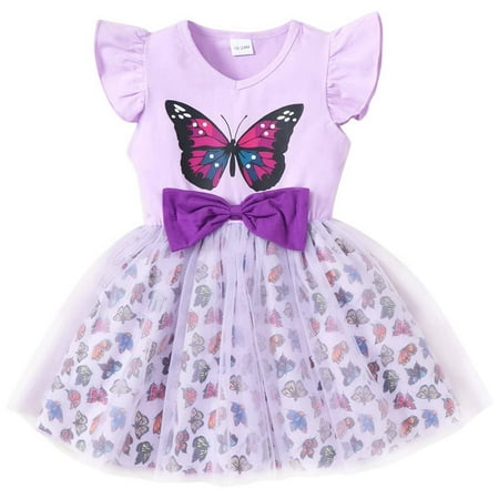 

Girls Tulle Dress Purple Butterfly Ruffled Sleeve Toddler Bowknot Party Princess Dress Tutu Summer Easter Outfits 3-4 Years 1094