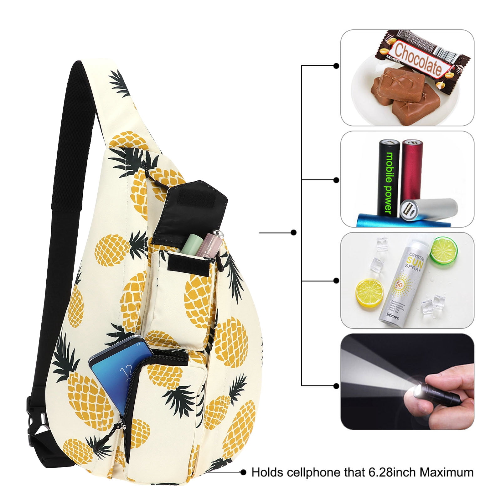 HAWEE Sling Bag for Women Crossbody Daypack Waterproof Fabric Shoulder Bags, Pineapple