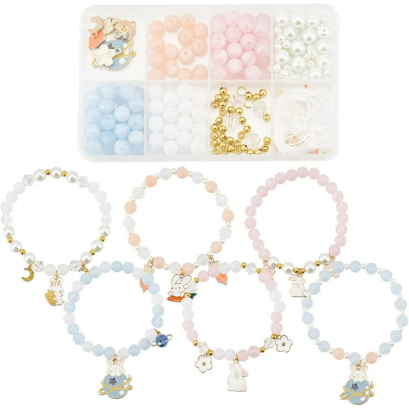 1 Box DIY 6Pcs Easter Rabbit Charms Enamel Bunny Charms Beaded Bracelets Making Kit Carrot Charm Planet Moon Crescent Charm Round Glass Beads Faceted Bead for Jewelry Making Beading Kits DIY