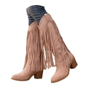 Dakaela Women's Fringe Cowgirl Boots Embroidered & Tassel Detail Western Cowboy Boot Pointed Toe Pull On Knee High Boots for Women Size 5.5-10.5