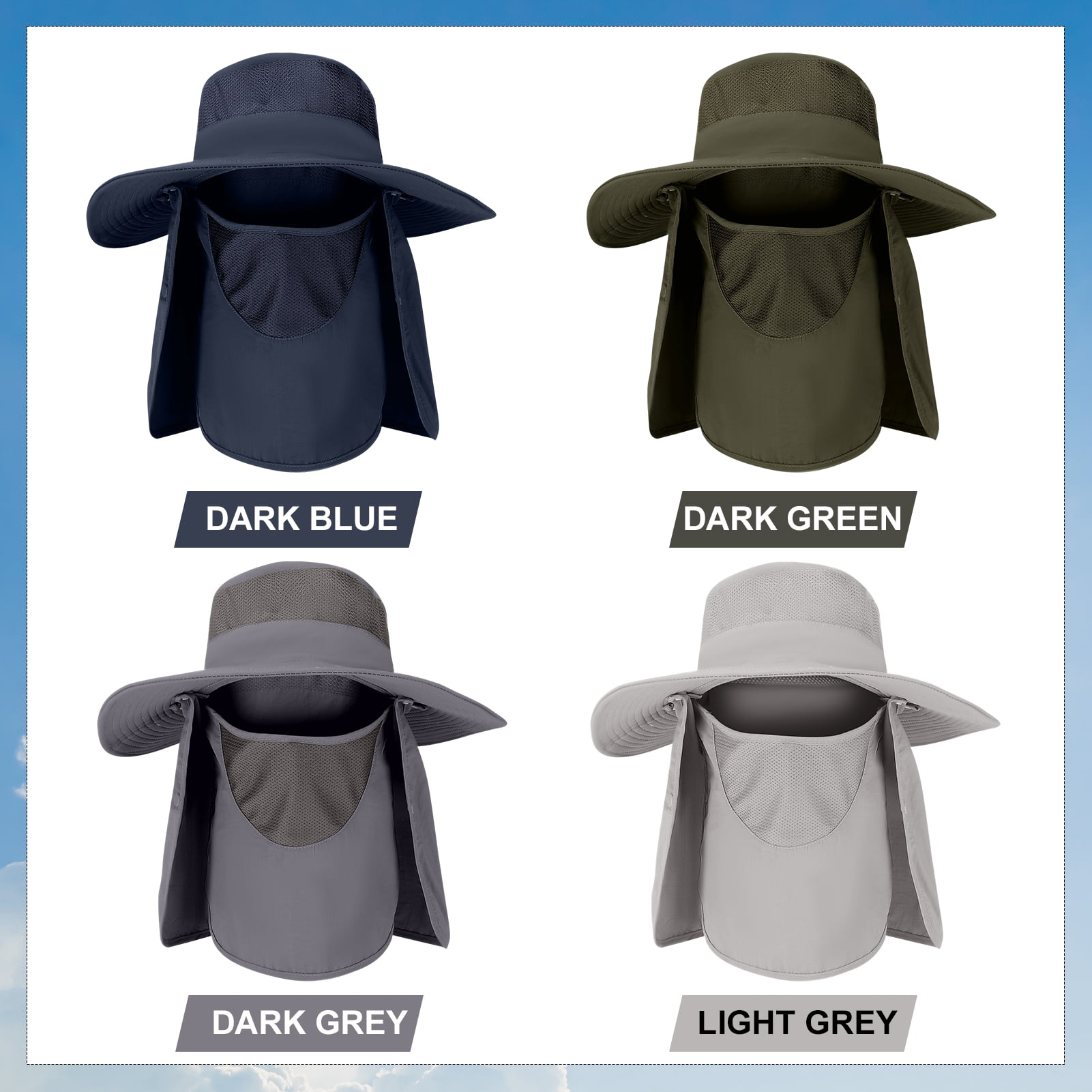 Bocaoying 4 Pack Summer Sun Hat for Men and Women, UPF 50+ Outdoor Fishing Hat with Detachable Face Mask & Neck Cover, Breathable Windproof Wide Brim Bucket Hat for Hiking Cycling Camping