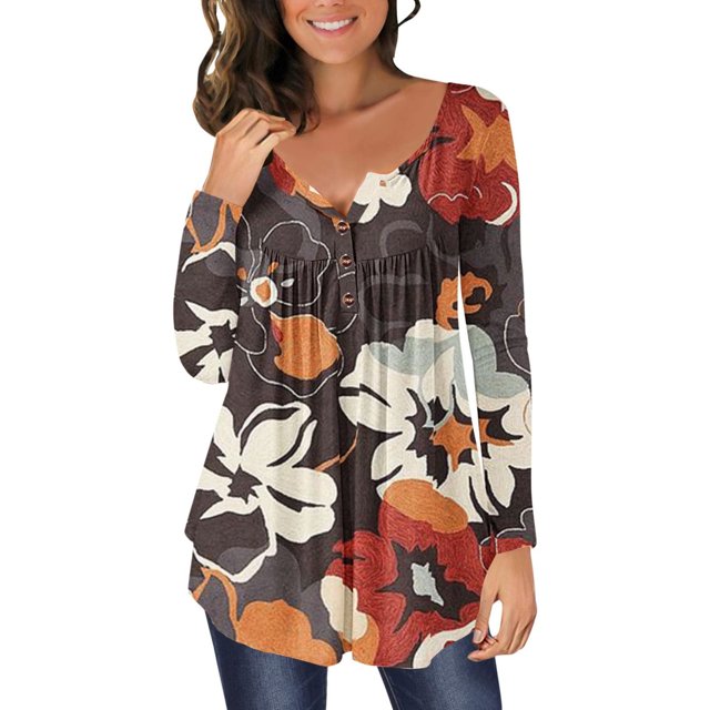 Puntoco Mujer Casual Camiseta Impreso Manga Larga Cuello Redondo Fruncido Botón Pullover Blusa tops Puntoco Puntoco-6613