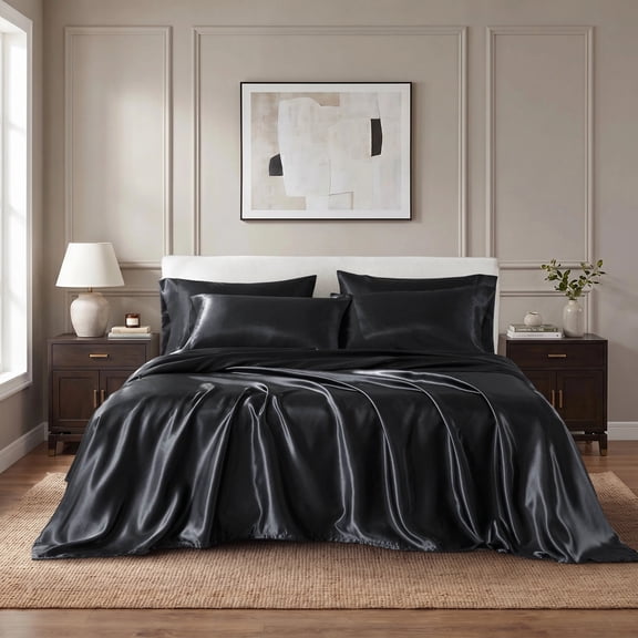 Regency Heights Black Satin Sheet Set Queen Size, 6-Piece Silky Bed Sheets with 16" Deep Pocket Fitted Sheet