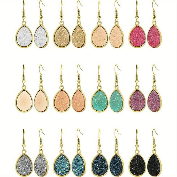 12 pairs Faux Druzy Drop Earrings Crystal Pendant Dangle Multicolor Stainless Steel Earrings for Women
