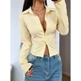 thumbnail image 3 of Women'S Striped Button Down Crop Shirt Long Sleeve Fitted Blouse Work Shirt Top Light Yellow L, 3 of 7