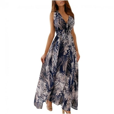 Bidobibo Womens Summer Maxi Dresses Tropical Print Beach Dresses V-Neck Sleeveless High Waist Lace up Flowy Maxi Dress Sundress