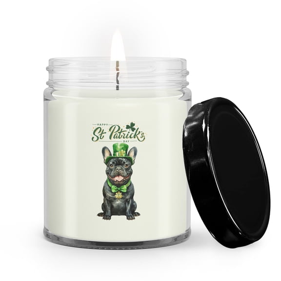 Happy St. Patrick’s Day French Bulldog with Green Hat Shamrocks Rainbow Soy Wax Candle Dog Lover Gifts 9oz White Birch & Black Pepper Candle - 03007
