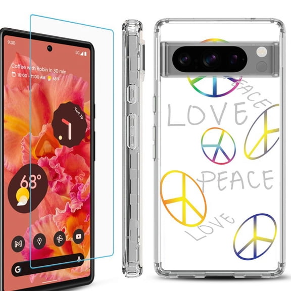 OneToughShield ® Compatible with Google Pixel 8 Pro, Shockproof Phone Case, with Tempered Glass Screen Protector - Love/Peace
