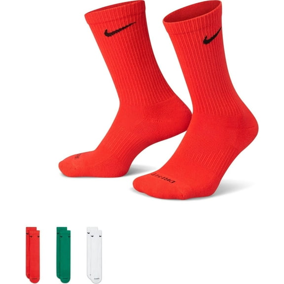 Men's Nike Socks Everyday Plus Cushioned Training 3-pack Crew Sock - Size 8-12 Color: Red Green White