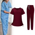 thumbnail image 1 of Uniformes de trabajo de enfermera, conjuntos de ropa de trabajo para mujeres, hombres, camisetas con cuello en V y pantalones para correr, resistentes Rojo oscuro XL Yinane Uniformes de trabajo, 1 of 8