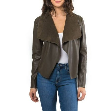 Bagatelle Bagatelle Womens Faux Leather Draped Jacket Olive X
