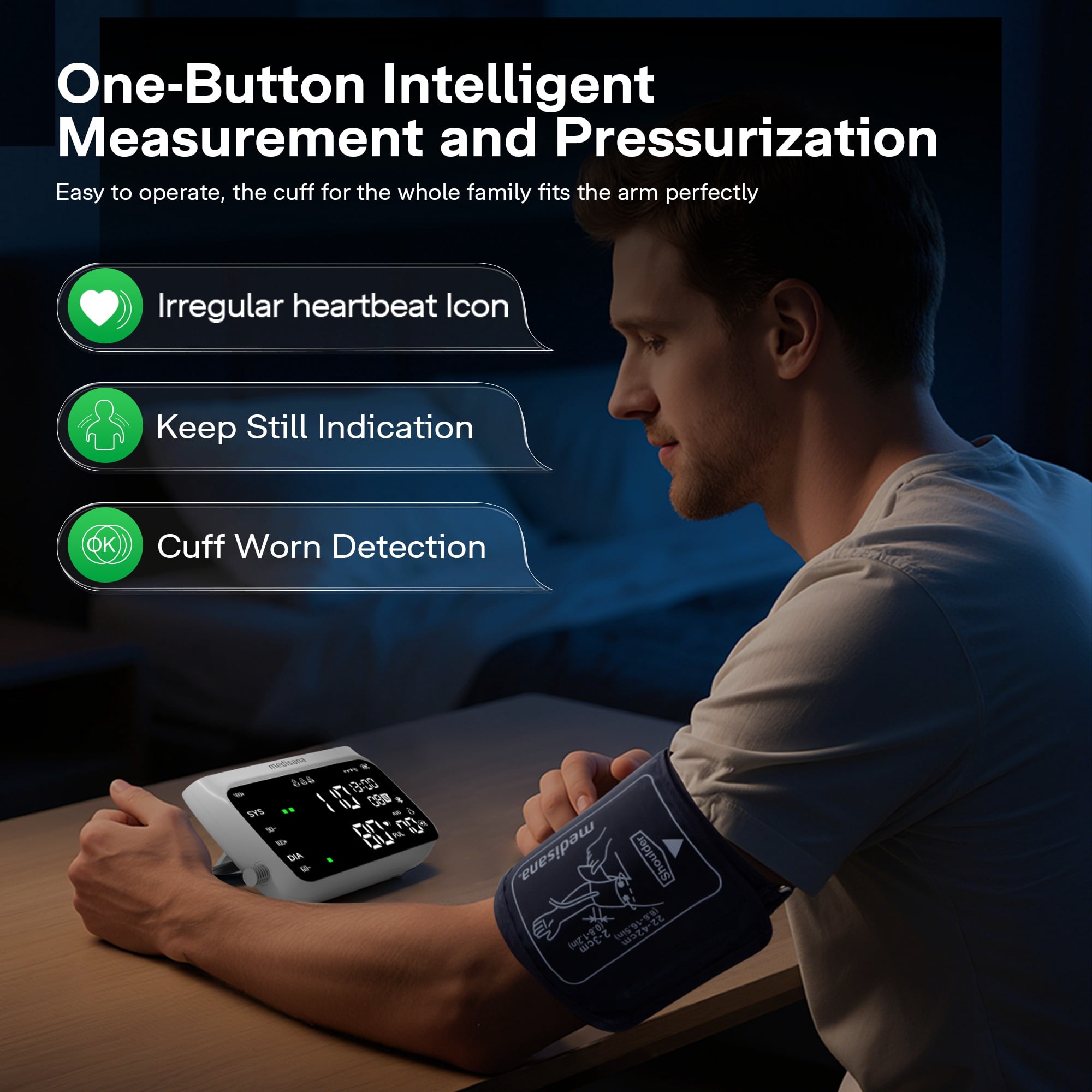 Medisana Cordless Arm Blood Pressure Monitor, Bluetooth Smart Blood Pressure Monitors for Home Use with App Tracking, Blood Pressure Machine with LED Color Dual-Display, Extra-Large Adult Cuff