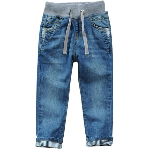 Toddler Kid Boy Elastic Mid Waist Washed Full Length Straight Pants Denim Jeans