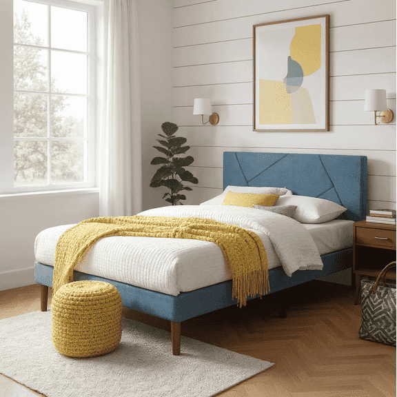BRGMAUS Twin Navy Blue Platform Bed | Upholstered Headboard, Wood Slat Support, No Box Spring, Modern Space-Saving Design